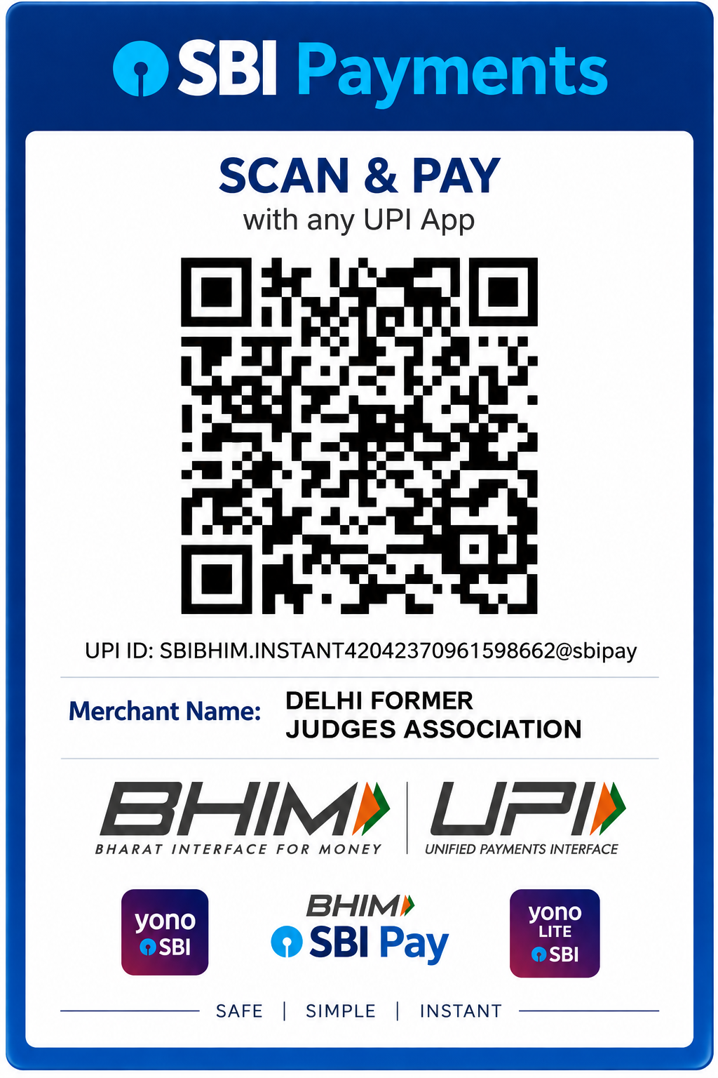 SBI Payments Scan & Pay QR Code - Delhi Former Judges Association